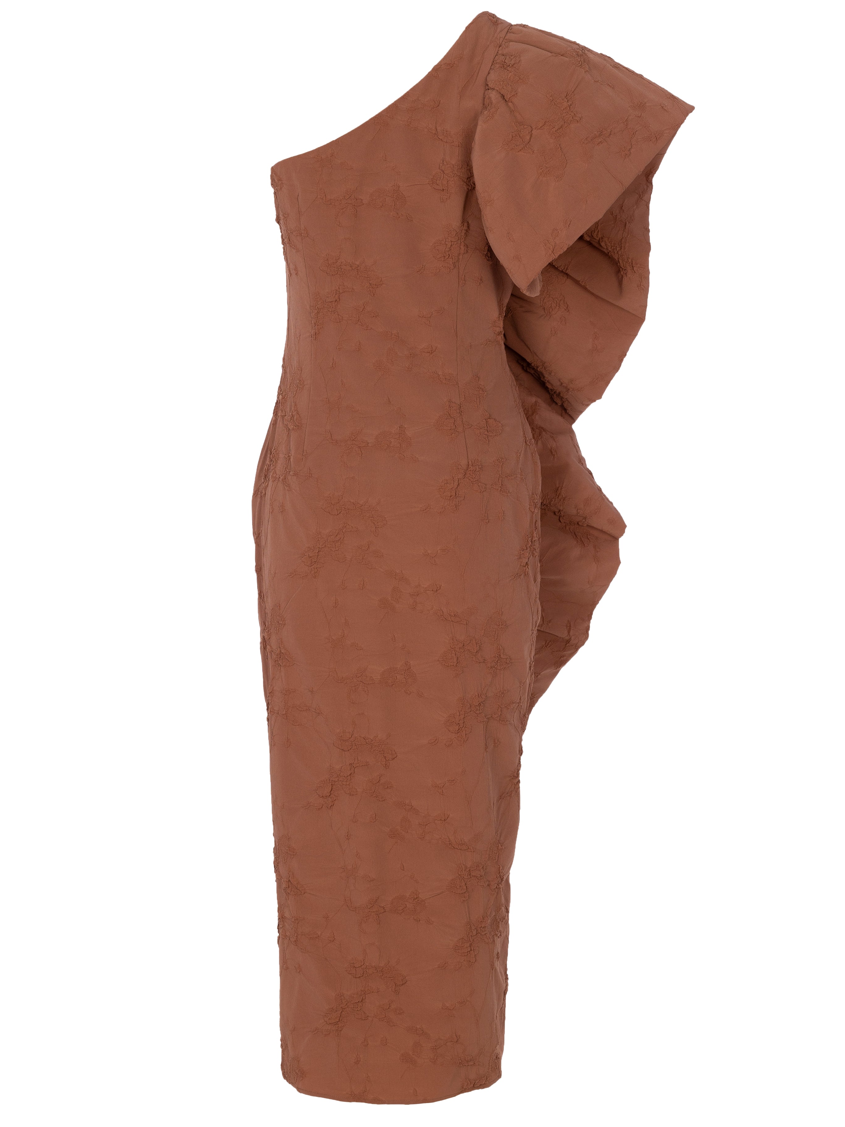 MALCOM MOCA - Vestido asimétrico damasco moca, para invitadas de boda, fiesta y eventos de primvera y verano. MIOH es la marca de vestidos de invitada de boda y fiesta de referencia en España