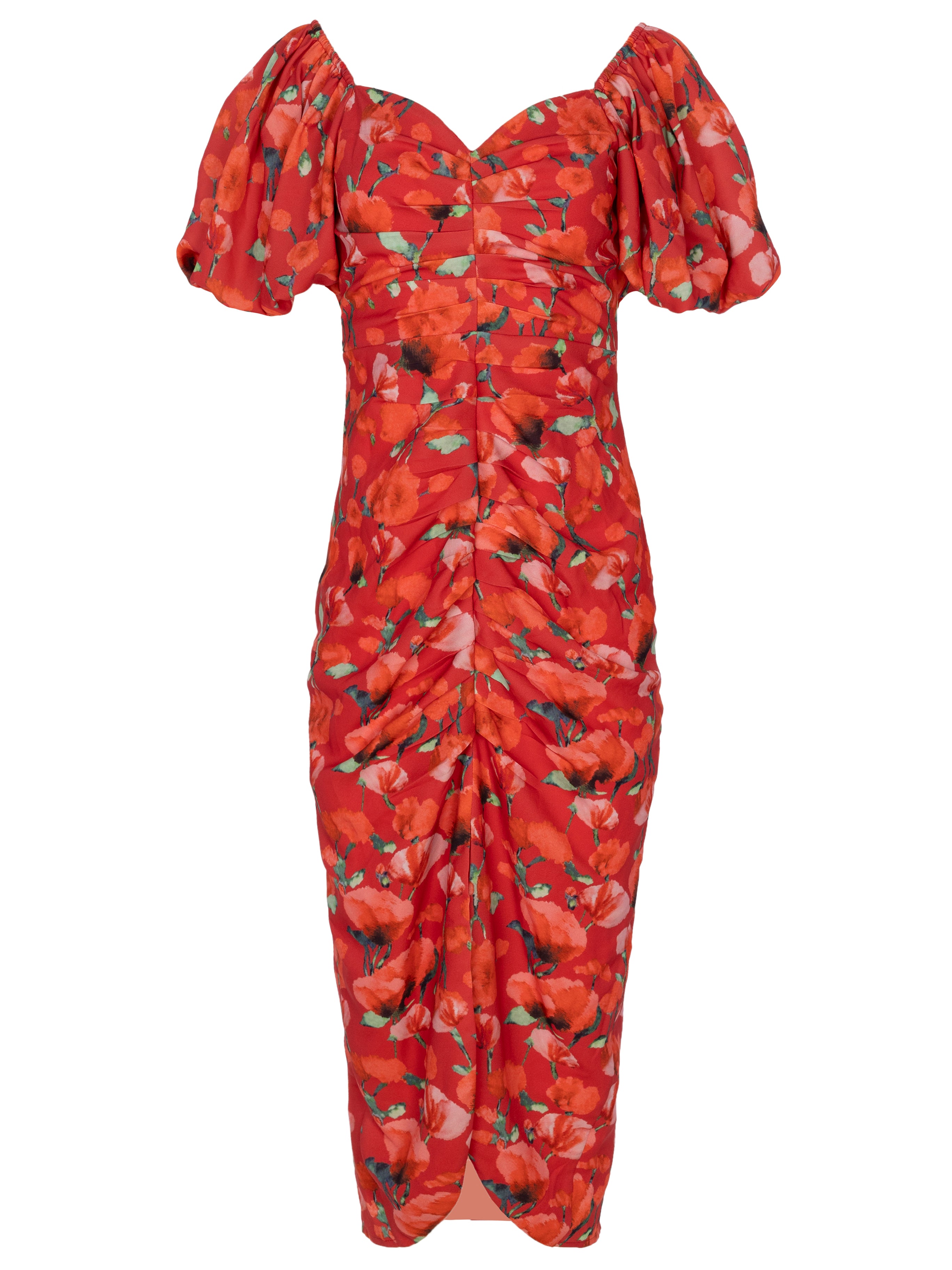 ROMEO FLOWERS - Vestido midi drapeado print amapolas, perfecto para invitadas de boda y fiesta spring summer. MIOH es la marca de vestidos de invitada de boda y fiesta de referencia en España