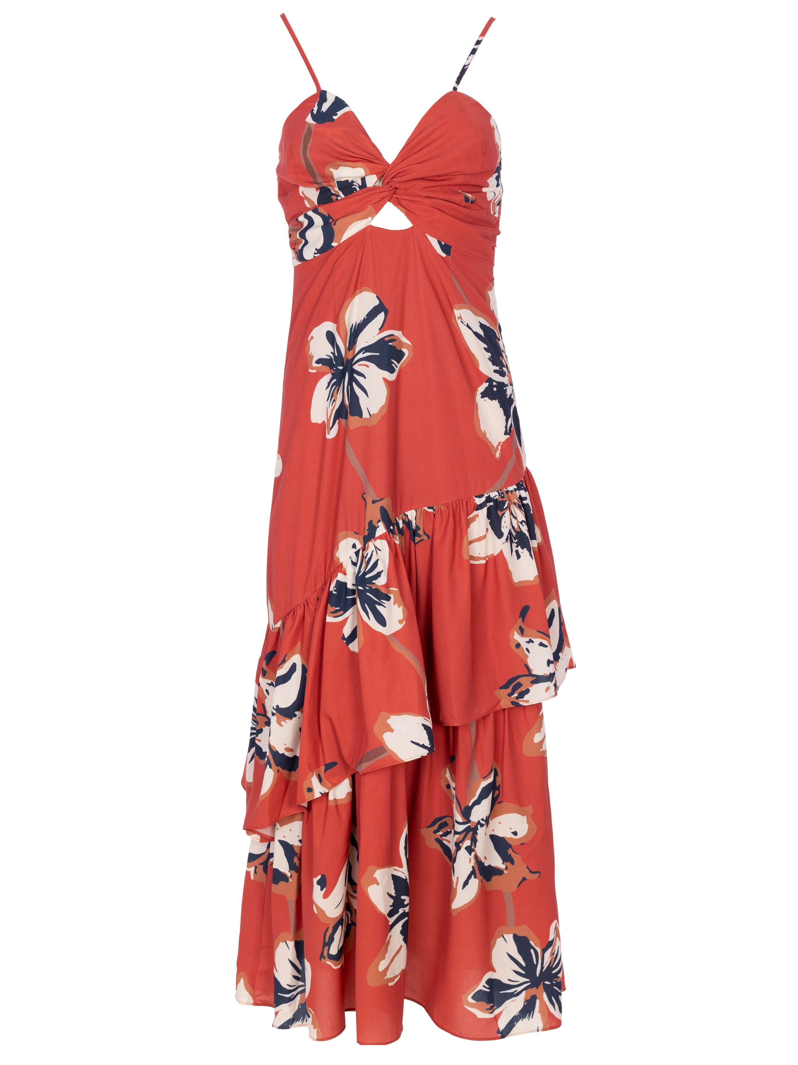 SHAKESPEARE FLOWERS - Vestido tirantes estampado flores y falda con volante diagonal, para invitadas de boda, fiesta y eventos de primvera y verano. MIOH es la marca de vestidos de invitada de boda y fiesta de referencia en España