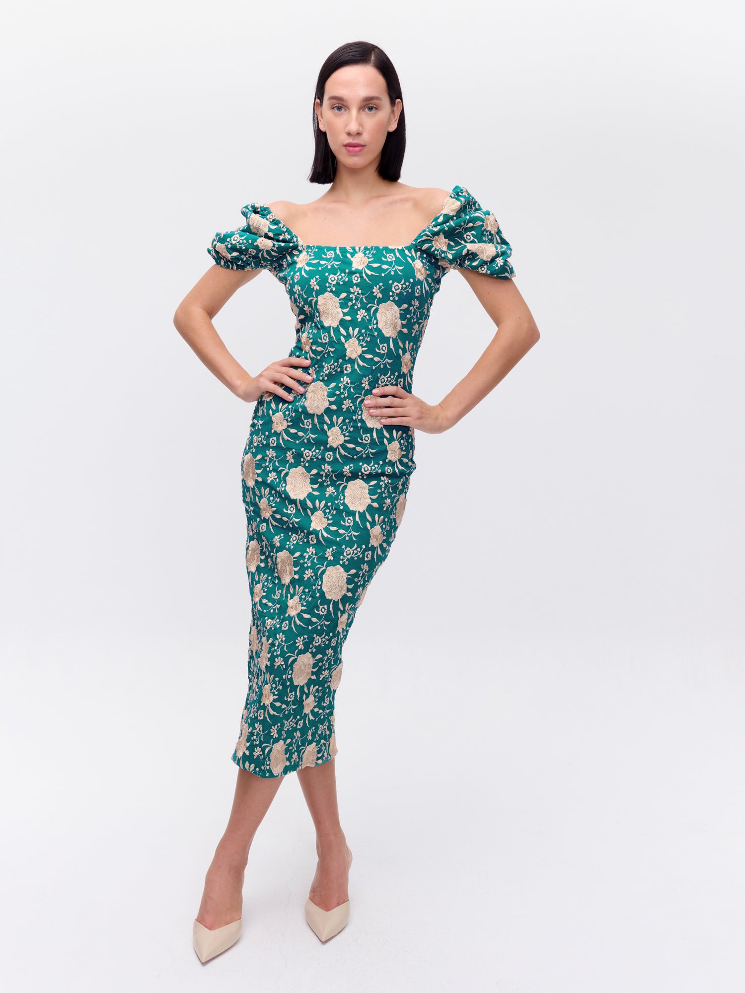 MIOH | ABRIL GREEN - Vestido manga farol bordado mantón de manila verde para invitada de boda