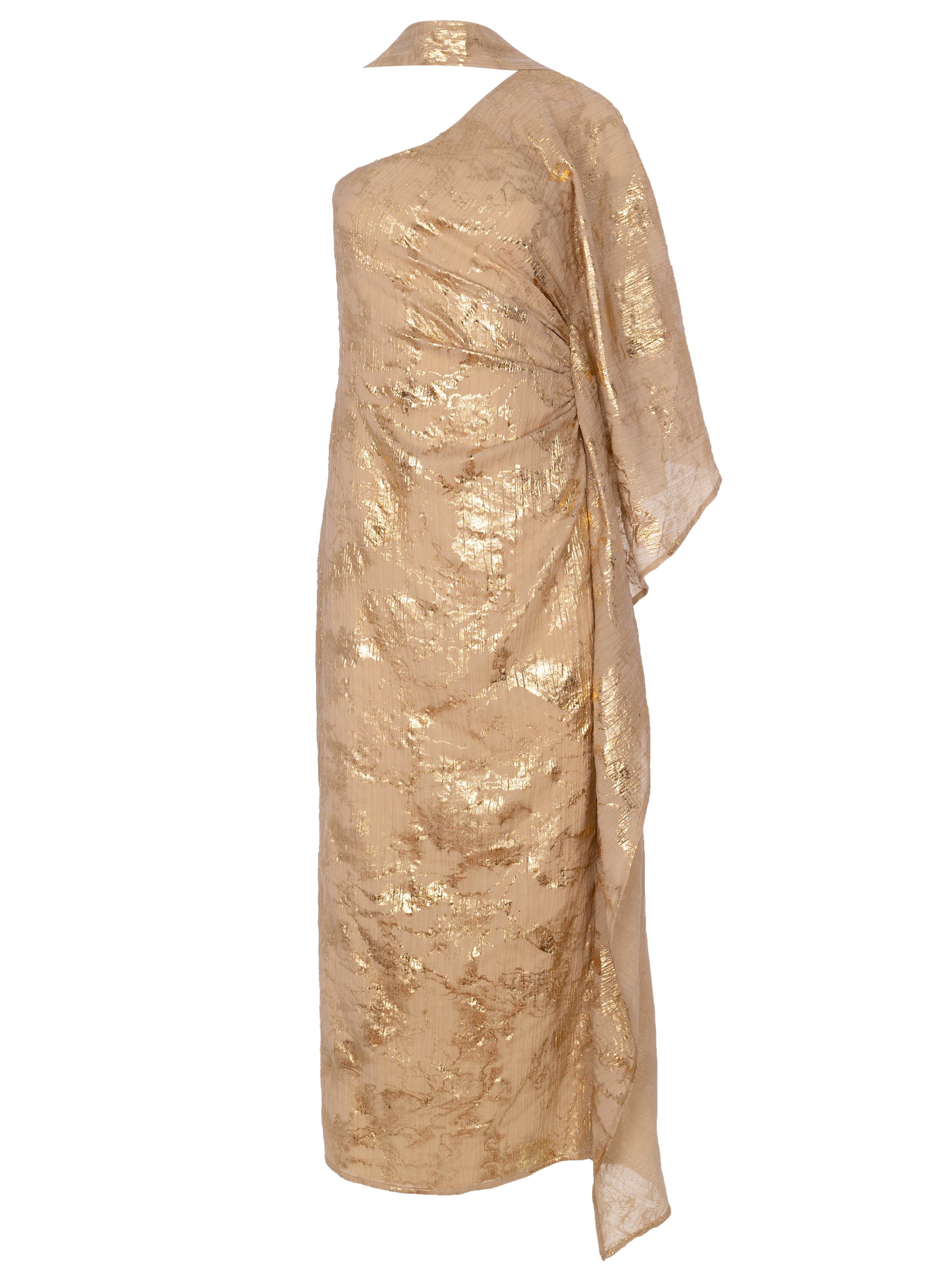 AARON - Vestido asimétrico manga capa nude con lurex, perfecto para invitadas de boda y fiesta spring summer. MIOH es la marca de vestidos de invitada de boda y fiesta de referencia en España