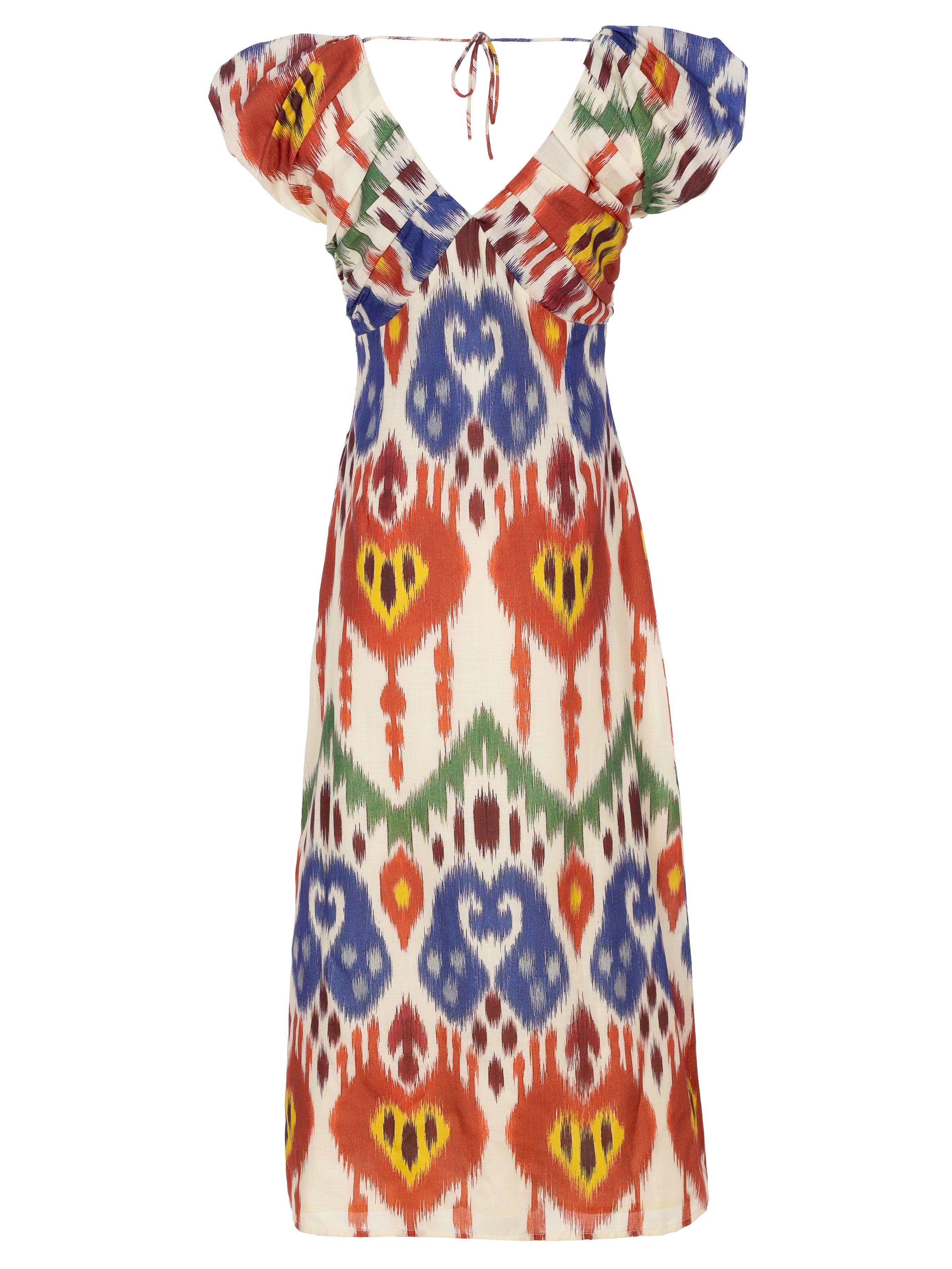 BENVOLIO IKAT - Vestido midi con estampado Ikat multicolor, perfecto para invitadas de boda y fiesta spring summer. MIOH es la marca española de vestidos de fiesta mas de moda, preferida por influencers y famosas de España