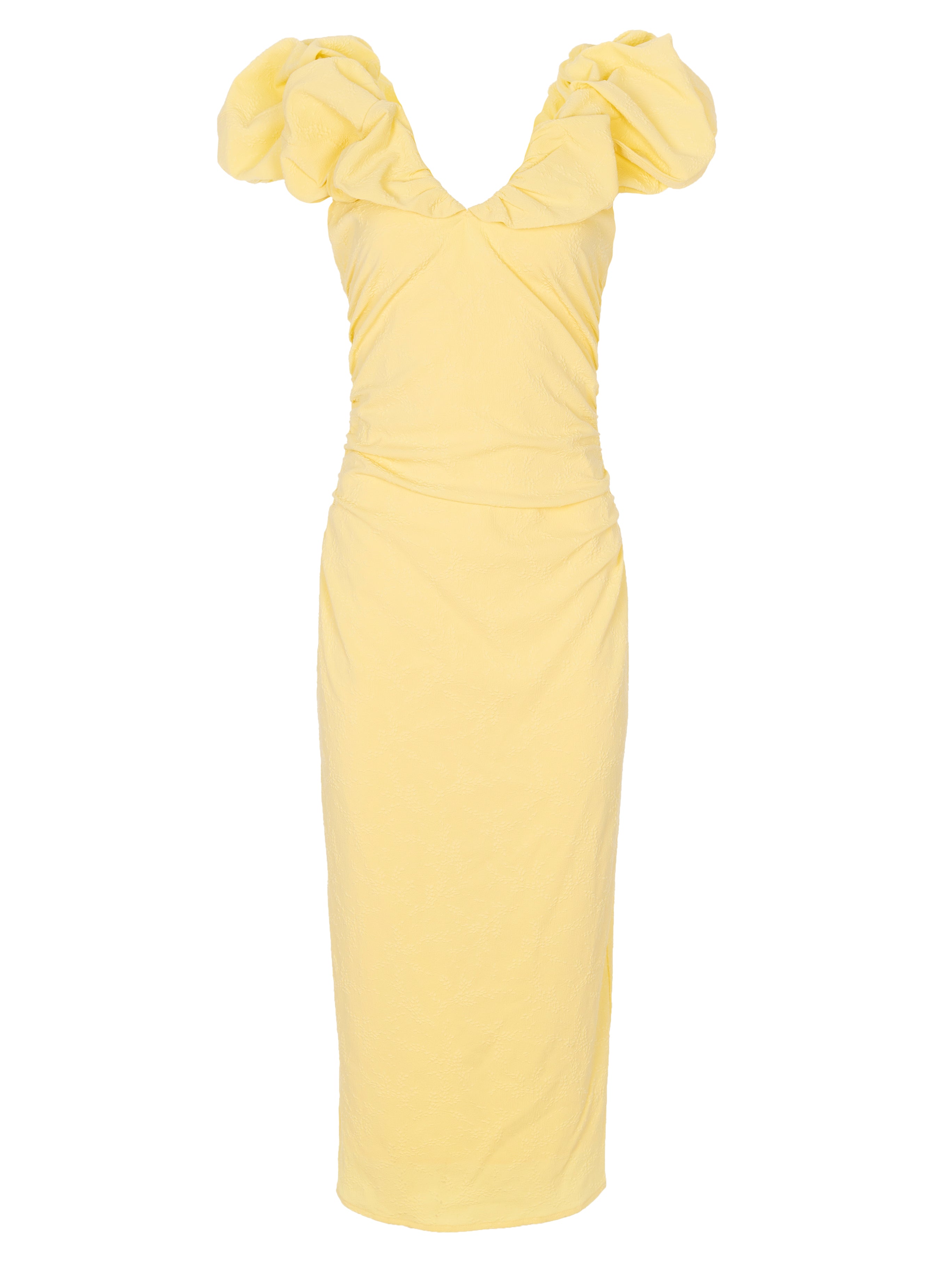 BIANCA BUTTER - Vestido midi volantes amarillo mantequilla, perfecto para invitadas de boda y fiesta spring summer. MIOH es la marca española de vestidos de fiesta para invitadas de boda más de moda en España