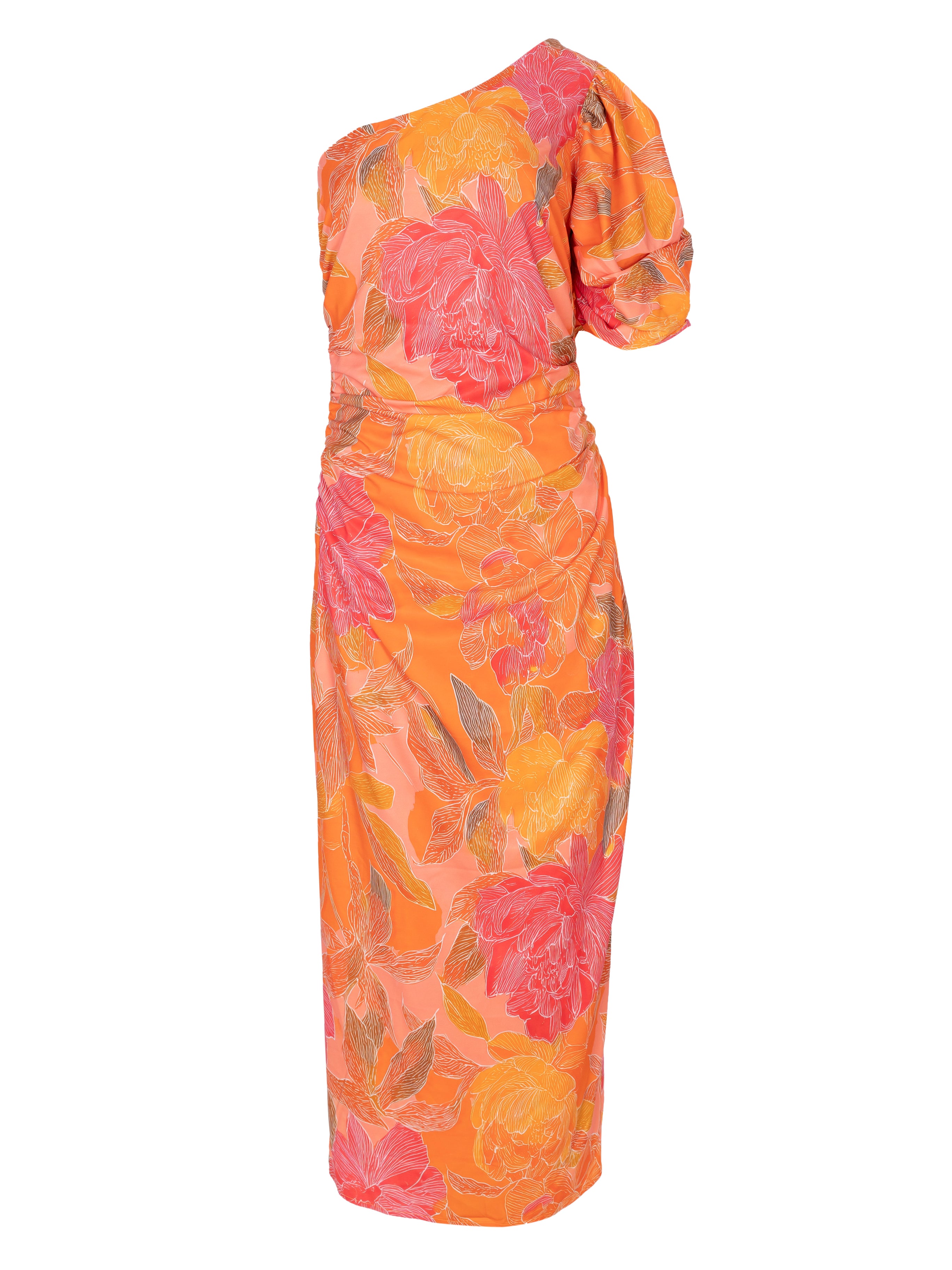 ISABELA FLOWERS - Vestido asimétrico manga abullonada estampado flores, de fiesta e invitada de boda y evento primavera verano. MIOH es la marca de vestidos de invitada de boda y fiesta de referencia en España