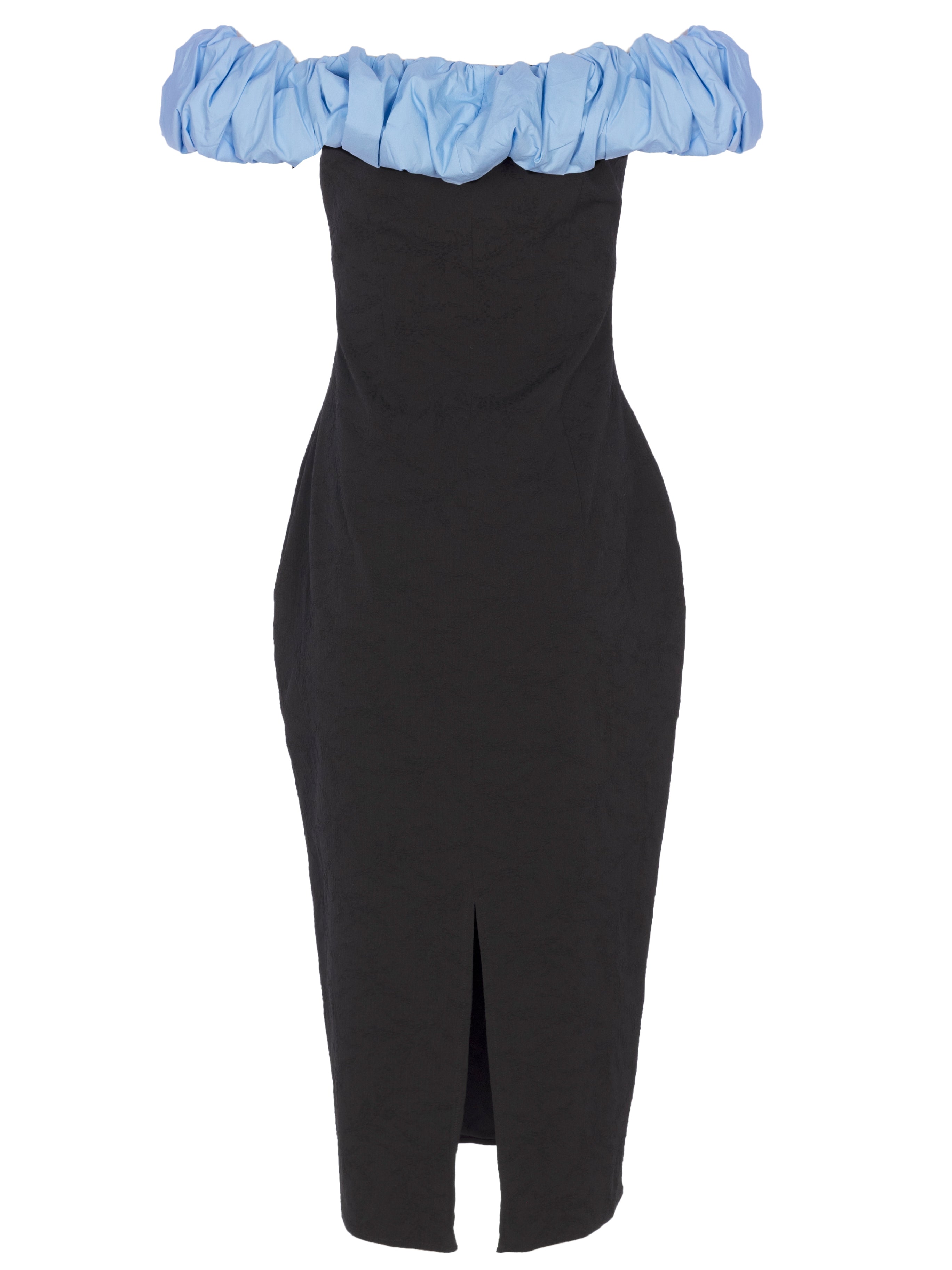 JULIETA BLACK - Vestido damasco bardot volante estructurado, para invitadas de boda, fiesta y eventos de primvera y verano. MIOH es la marca que eligen las influencers de España para sus eventos, como bodas y fiestas