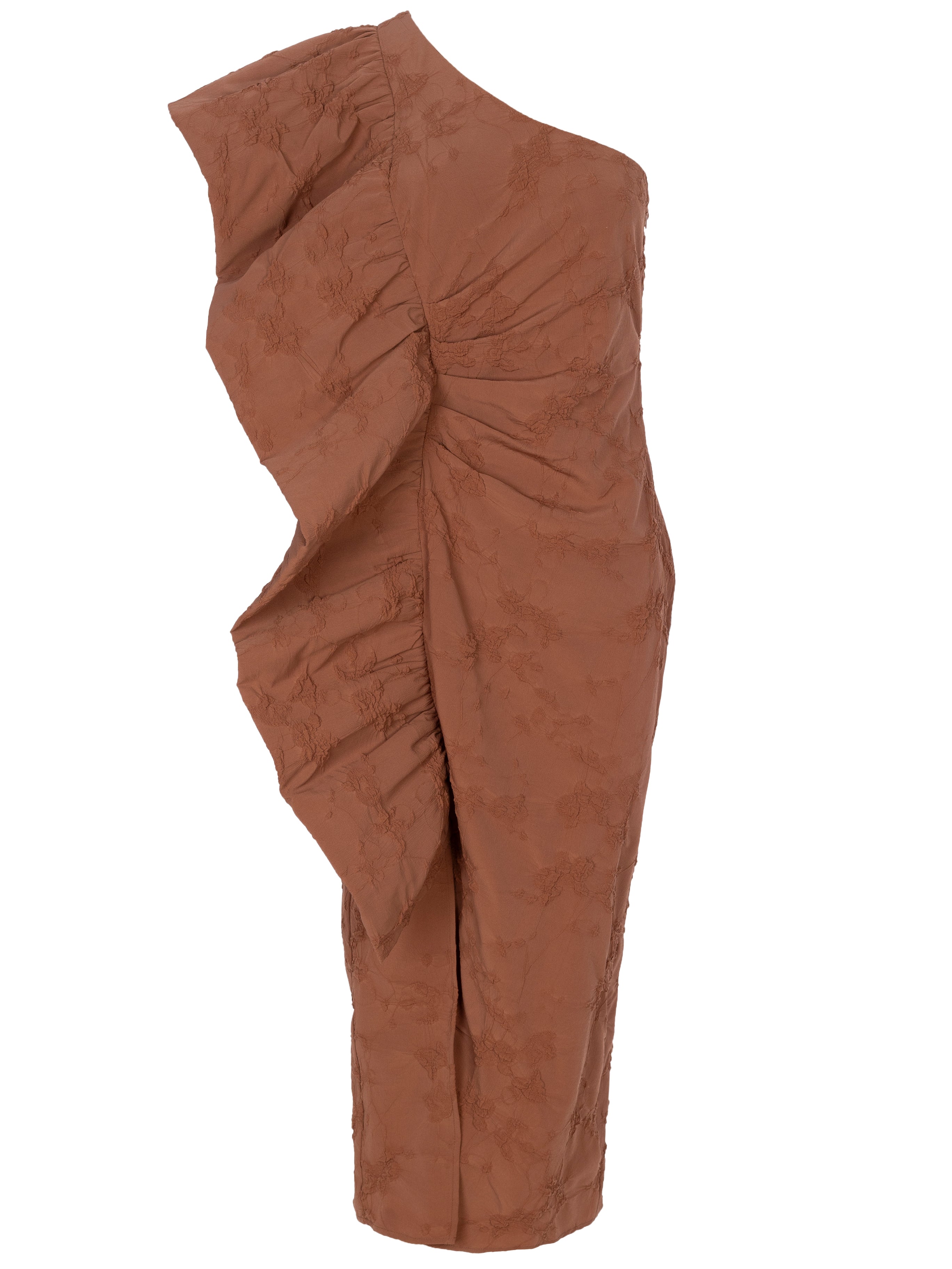 MALCOM MOCA - Vestido asimétrico damasco moca, para invitadas de boda, fiesta y eventos de primvera y verano. MIOH es la marca de vestidos de invitada de boda y fiesta de referencia en España