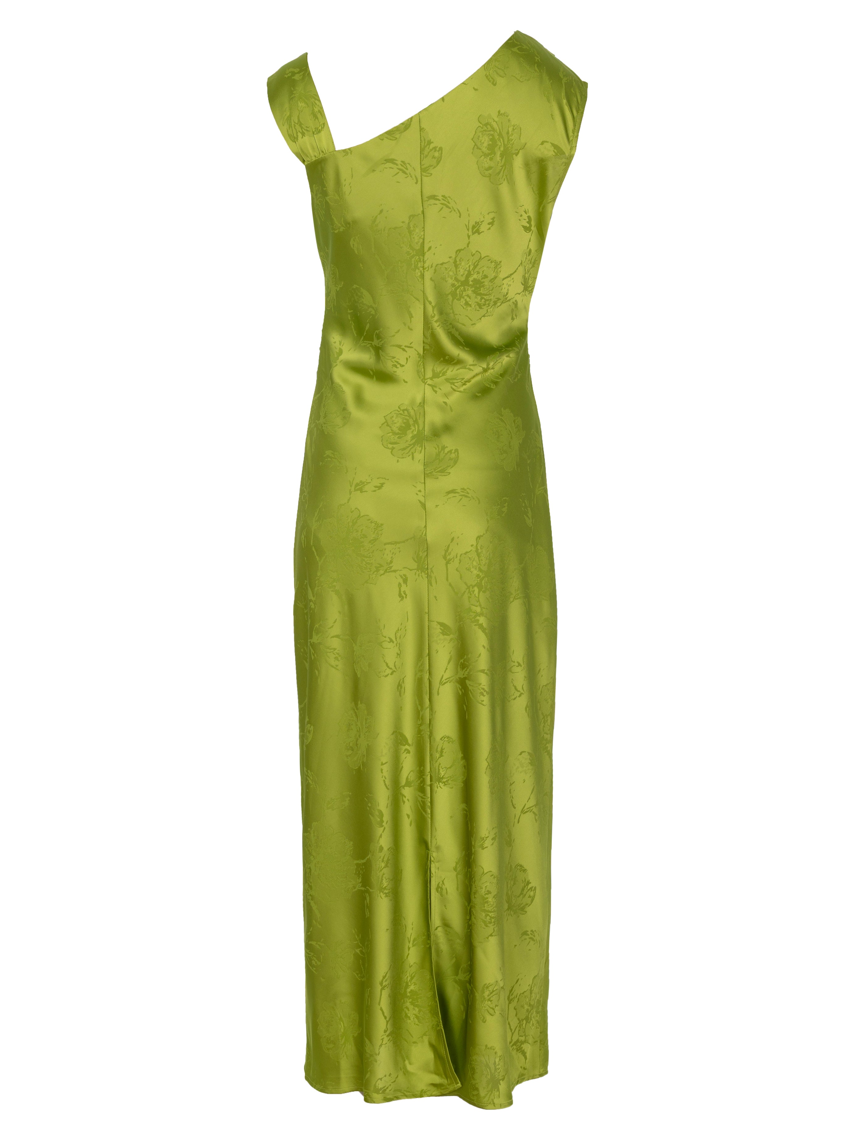 THESEO GREEN - Vestido jacquard asimétrico verde lima, para ser la invitada de boda perfecta y fiesta esta primavera verano. MIOH es la marca española de vestidos de fiesta mas de moda, preferida por influencers y famosas de España