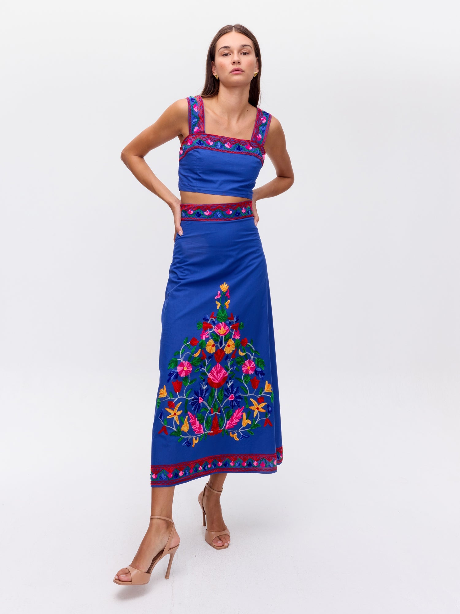 MIOH | CACAO SKIRT BLUE - Falda midi bordada azul para invitada de boda