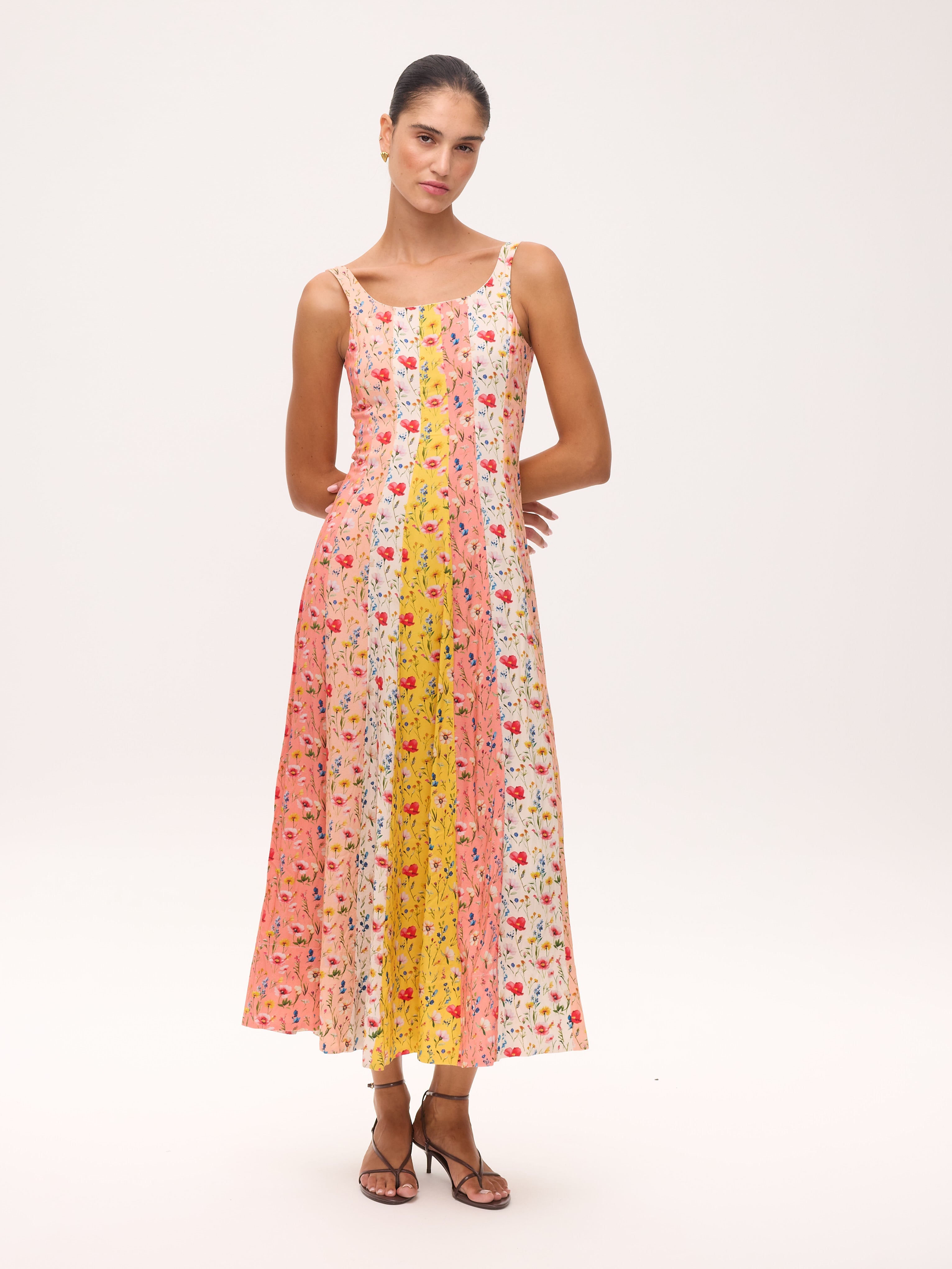 OTHELLO STRIPES - Vestido largo multicolor con paneles florales, para invitadas de boda, fiesta y eventos de primvera y verano. MIOH es la marca española de vestidos de fiesta para invitadas de boda más de moda en España