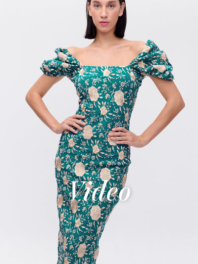 MIOH | ABRIL GREEN - Vestido manga farol bordado mantón de manila verde para invitada de boda