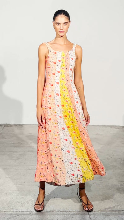 OTHELLO STRIPES - Vestido largo multicolor con paneles florales, para invitadas de boda, fiesta y eventos de primvera y verano. MIOH es la marca española de vestidos de fiesta para invitadas de boda más de moda en España