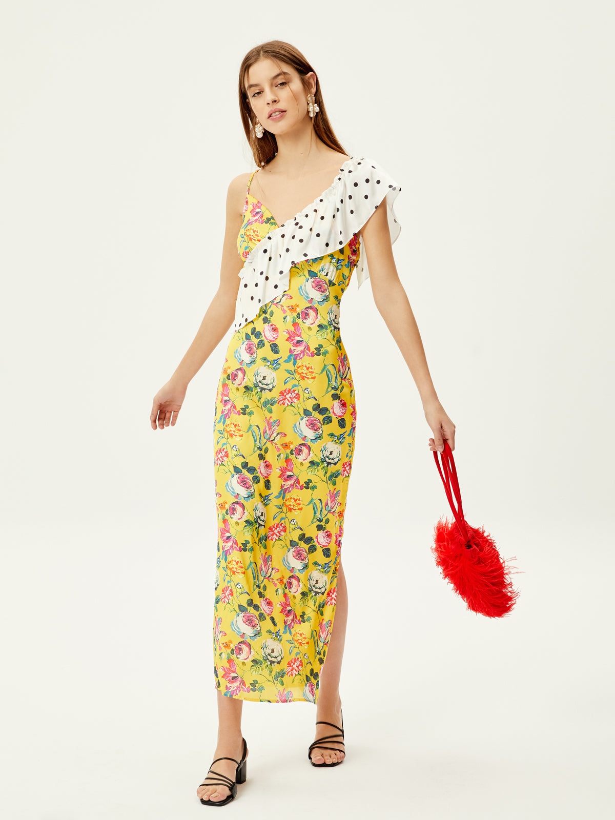 DALIA - Vestido midi com estampa floral e bolinhas